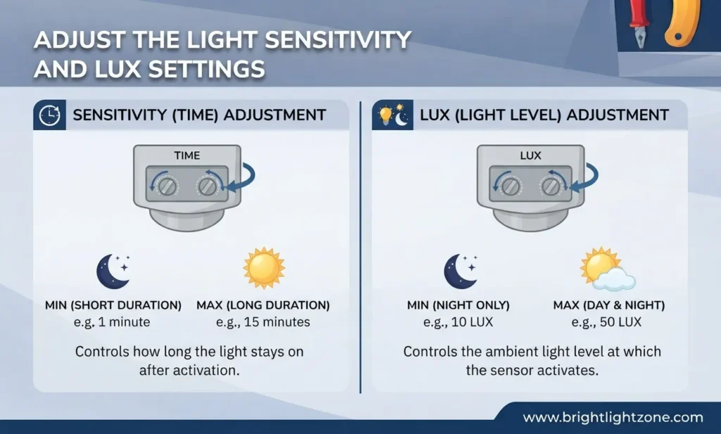 adjust the light sensitivity and lux settings